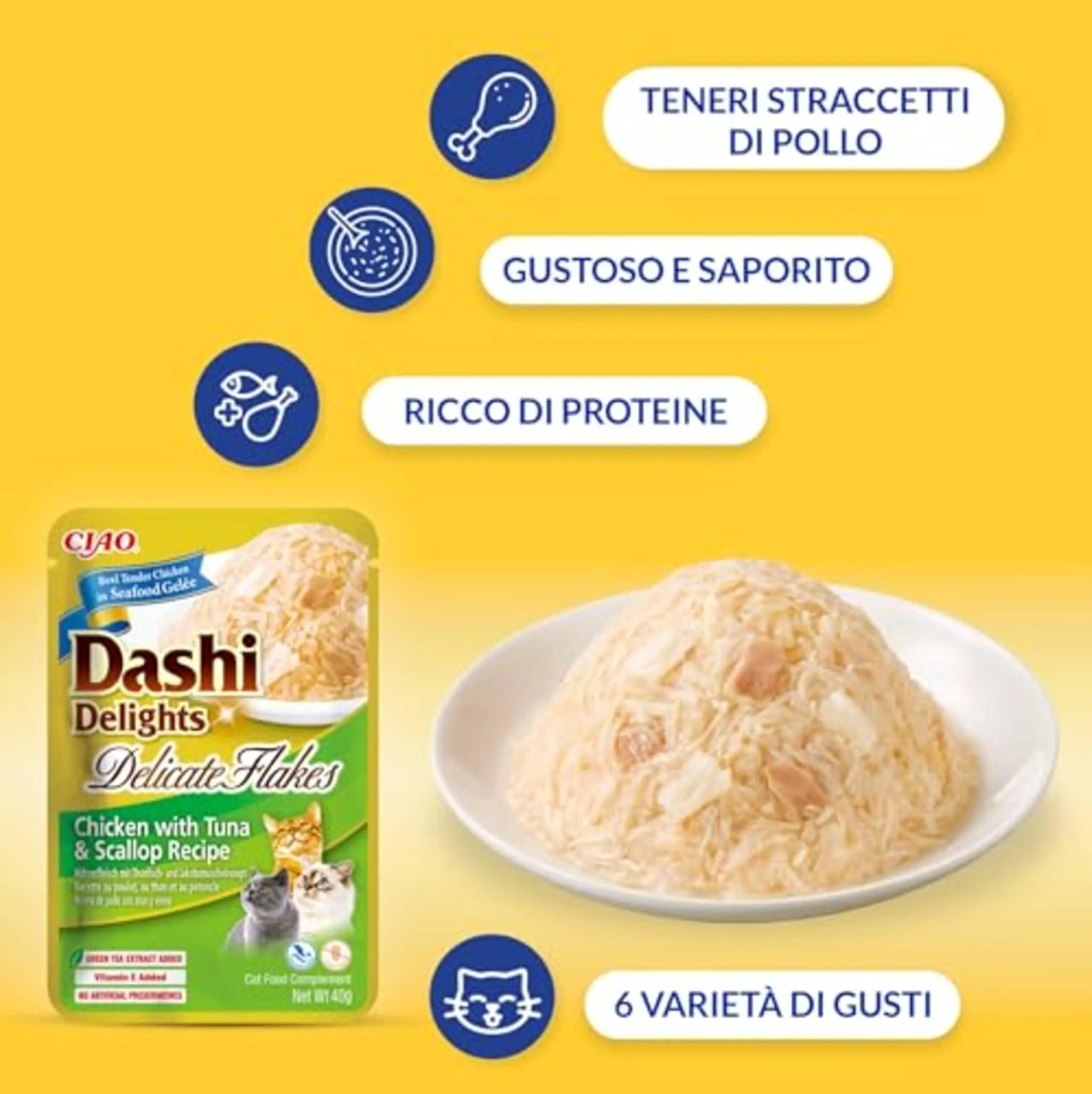 INABA Dashi Delights Delicate Flakes, Cibo Umido per Gatti con Pollo e Tonno, Fiocchi in Brodo di Pesce, Ricco di Proteine, Ingredienti Naturali, Pasto Complementare, 1 Confezione da 40 g - immagine 2