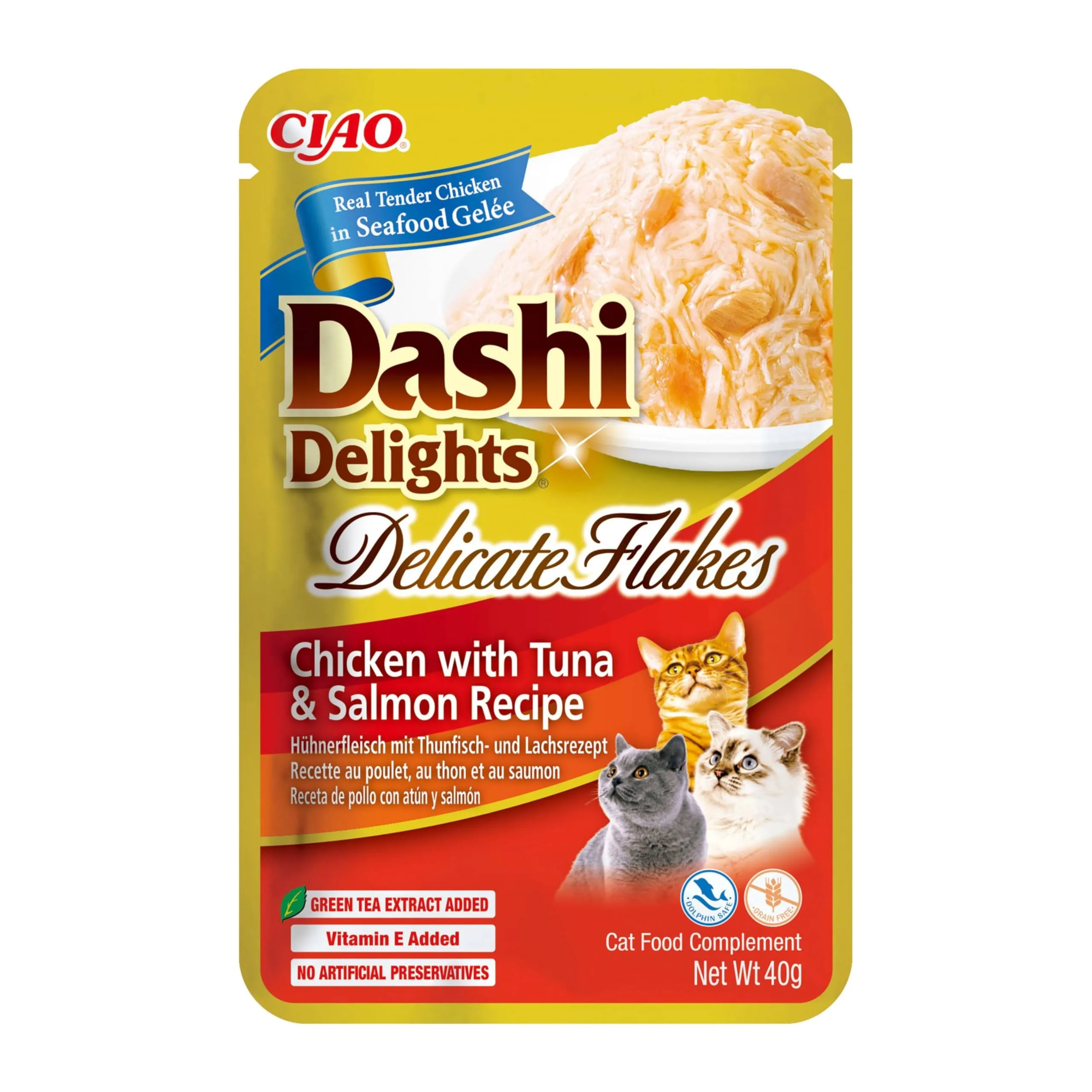 INABA Dashi Delights Delicate Flakes, Cibo Umido per Gatti con Pollo, Tonno e Salmone, Fiocchi in Brodo di Pesce, Ricco di Proteine, Ingredienti Naturali, Pasto Complementare, 1 Confezione da 40 g - immagine 1