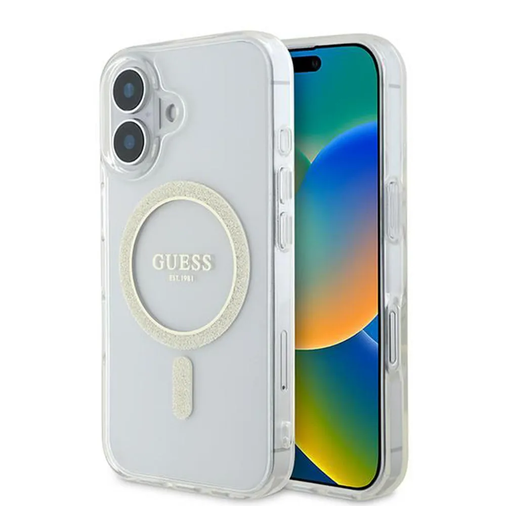 Custodia MagSafe per Apple iPhone 16, Guess, IML Glitter Circle, Trasparente - immagine 1