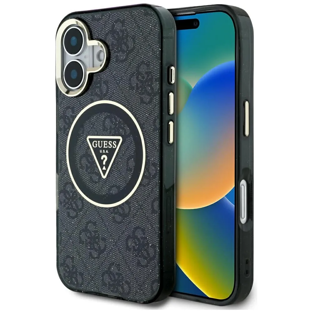 Custodia MagSafe per Apple iPhone 16, Guess, IML Glitter 4G Circle Triangle, Nera - immagine 1