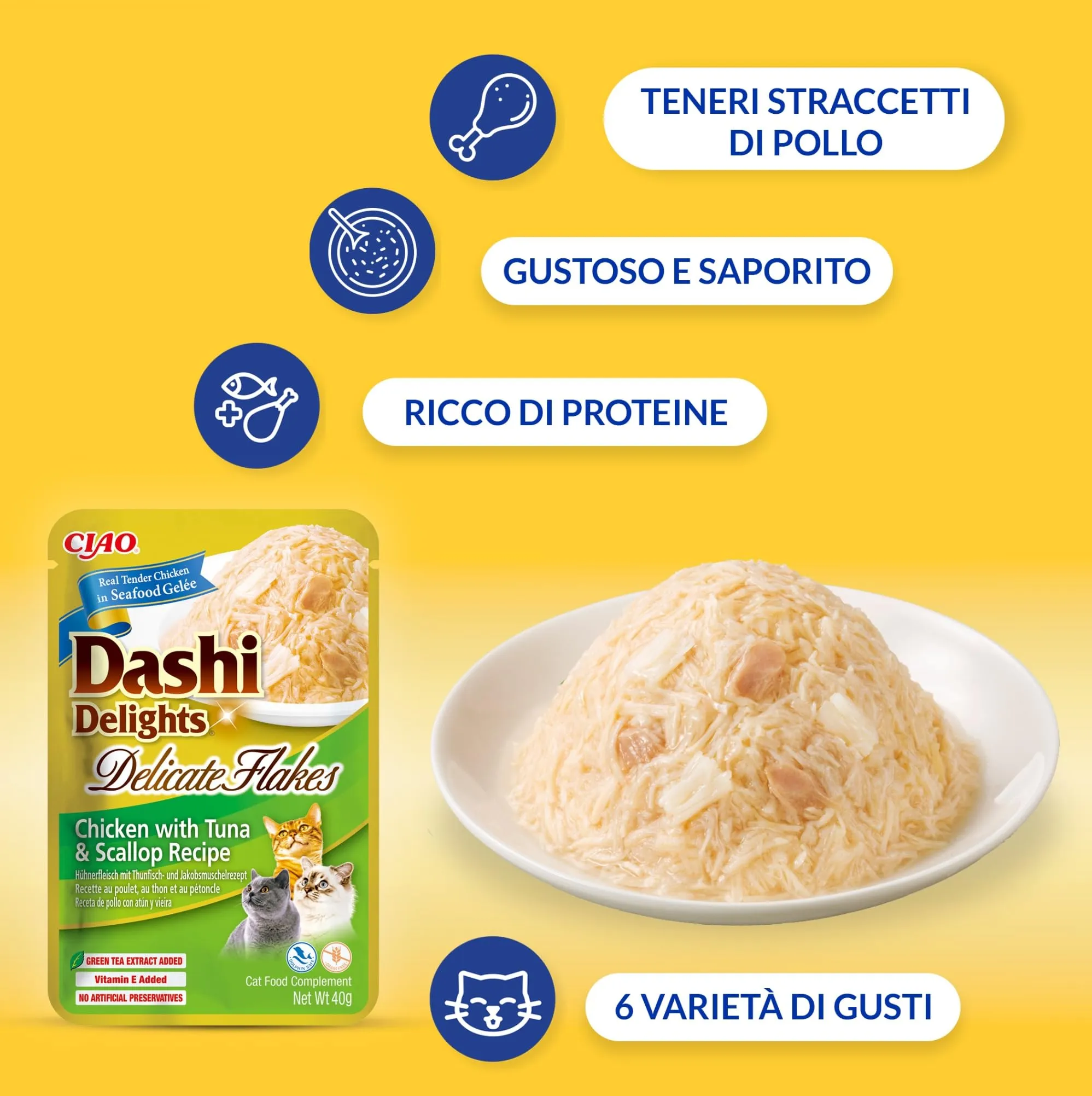 INABA Dashi Delights Delicate Flakes, Cibo Umido per Gatti con Pollo, Fiocchi in Brodo di Pesce, Ricco di Proteine, Ingredienti Naturali, Pasto Complementare, 1 Confezione da 40 g - immagine 2