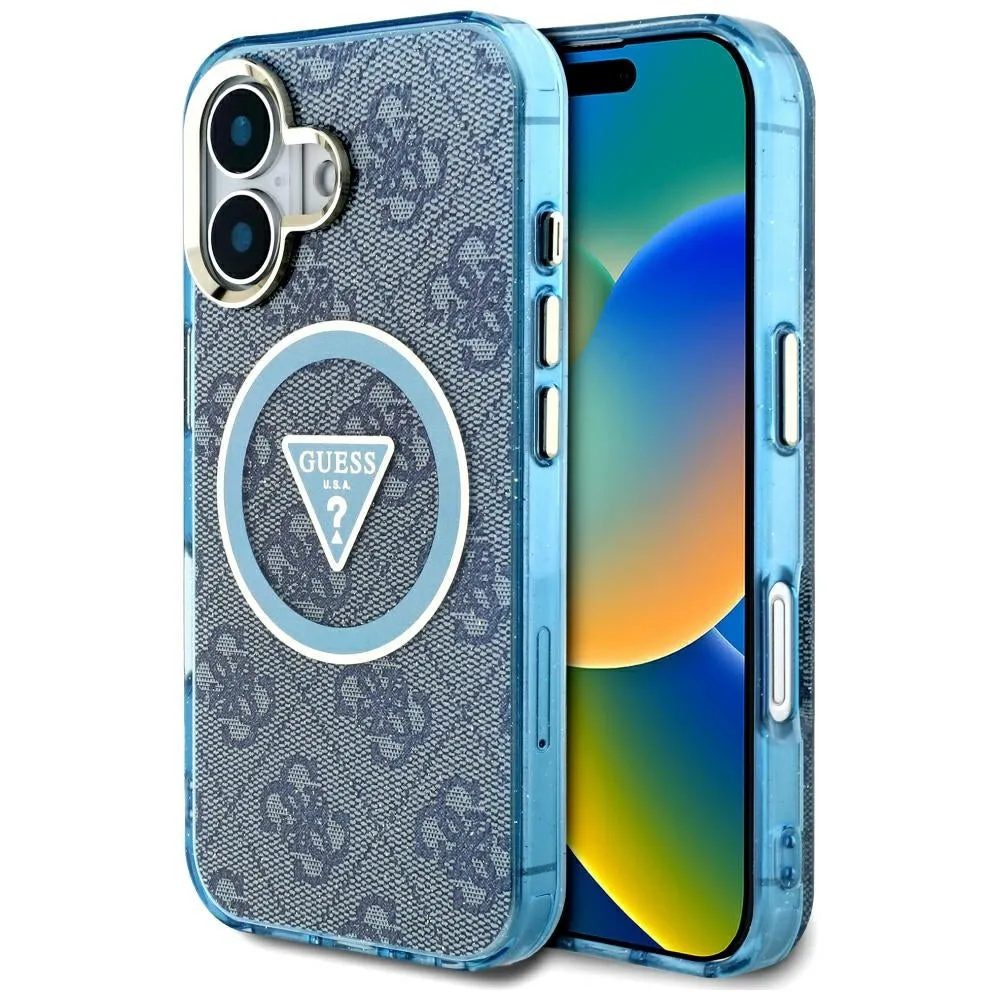 Custodia MagSafe per Apple iPhone 16, Guess, IML Glitter 4G Circle Triangle, Blu - immagine 1