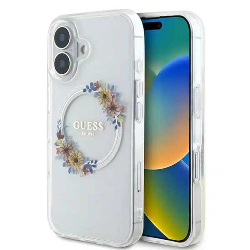 Custodia MagSafe per Apple iPhone 16, Guess, IML Flowers Wreath, Trasparente - immagine 1