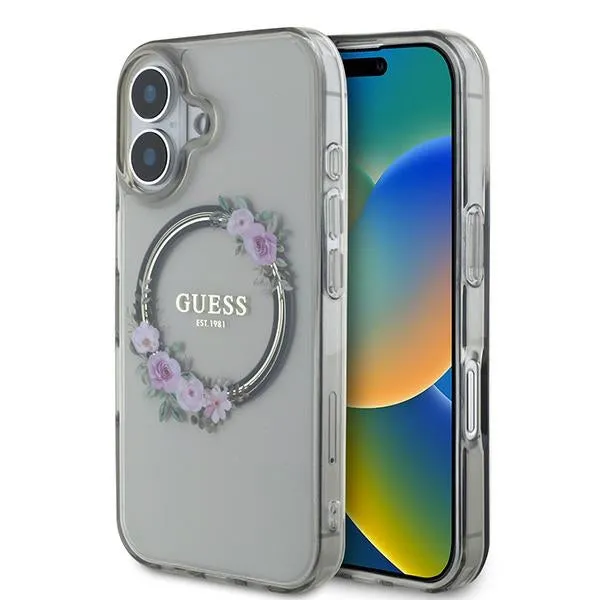 Custodia MagSafe per Apple iPhone 16, Guess, IML Flowers Wreath, Nera - immagine 1