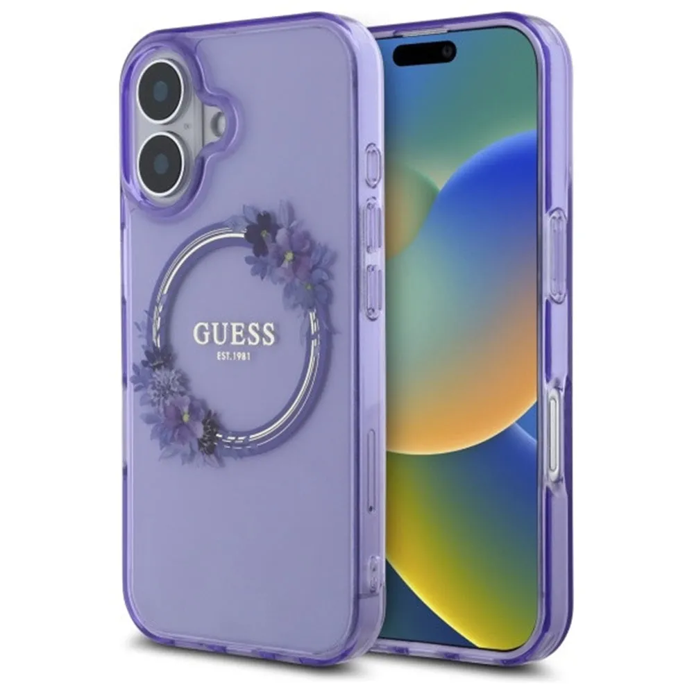 Custodia MagSafe per Apple iPhone 16, Guess, IML Flowers Wreath, Viola - immagine 1