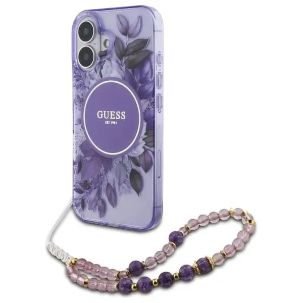 Custodia MagSafe per Apple iPhone 16, Guess, IML Flowers with Pearl Strap, Viola - immagine 1