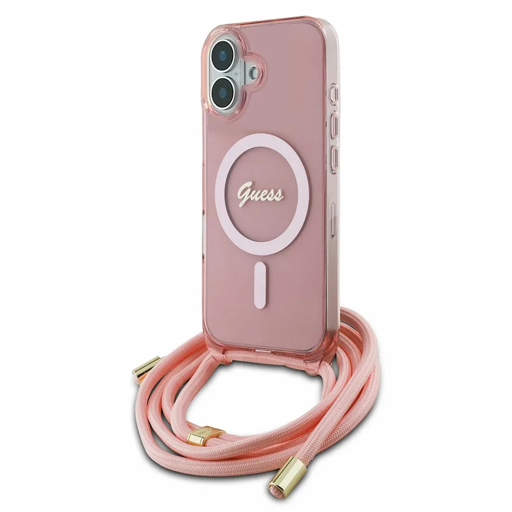 Custodia MagSafe per Apple iPhone 16, Guess, IML Crossbody Cord Script, Rosa - immagine 1