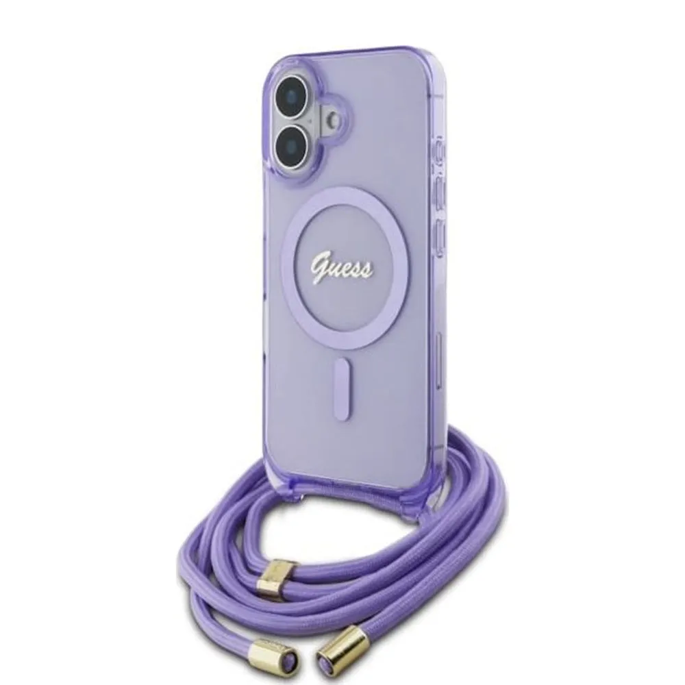 Custodia MagSafe per Apple iPhone 16, Guess, IML Crossbody Cord Script, Viola - immagine 1