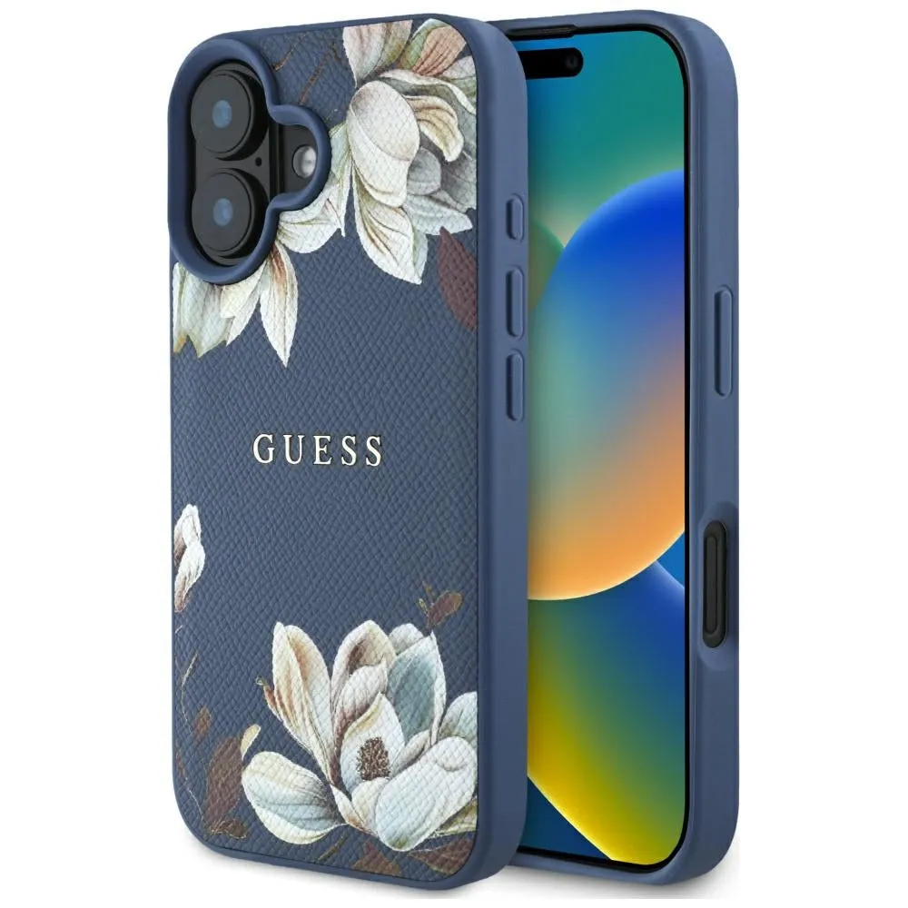 Custodia MagSafe per Apple iPhone 16, Guess, Grained Flowers, Blu - immagine 1