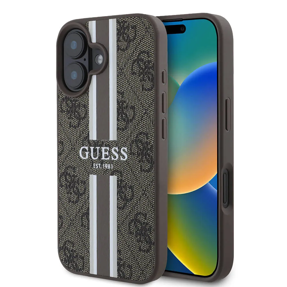 Custodia MagSafe per Apple iPhone 16, Guess, 4G Printed Stripes, Marrone - immagine 1