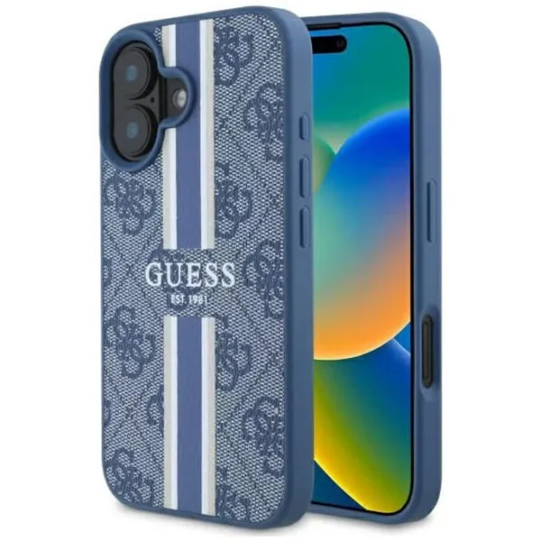 Custodia MagSafe per Apple iPhone 16, Guess, 4G Printed Stripes, Blu - immagine 1