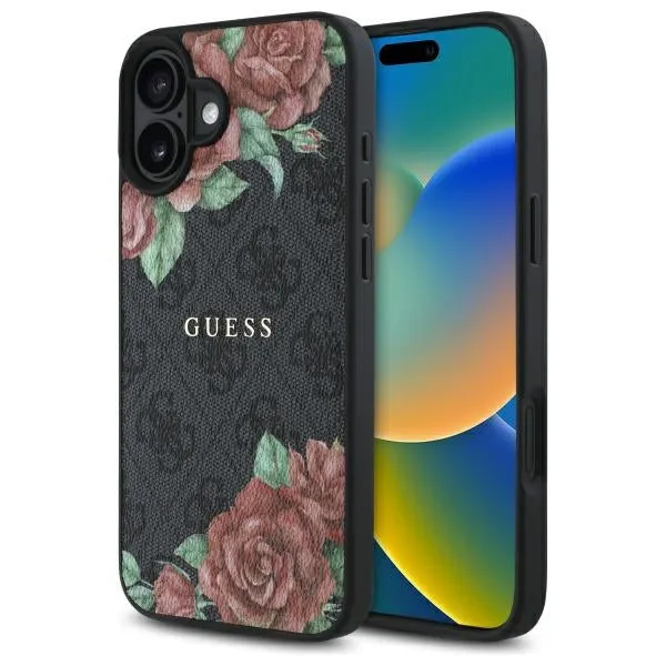 Custodia MagSafe per Apple iPhone 16, Guess, 4G Flowers Print, Nera - immagine 1