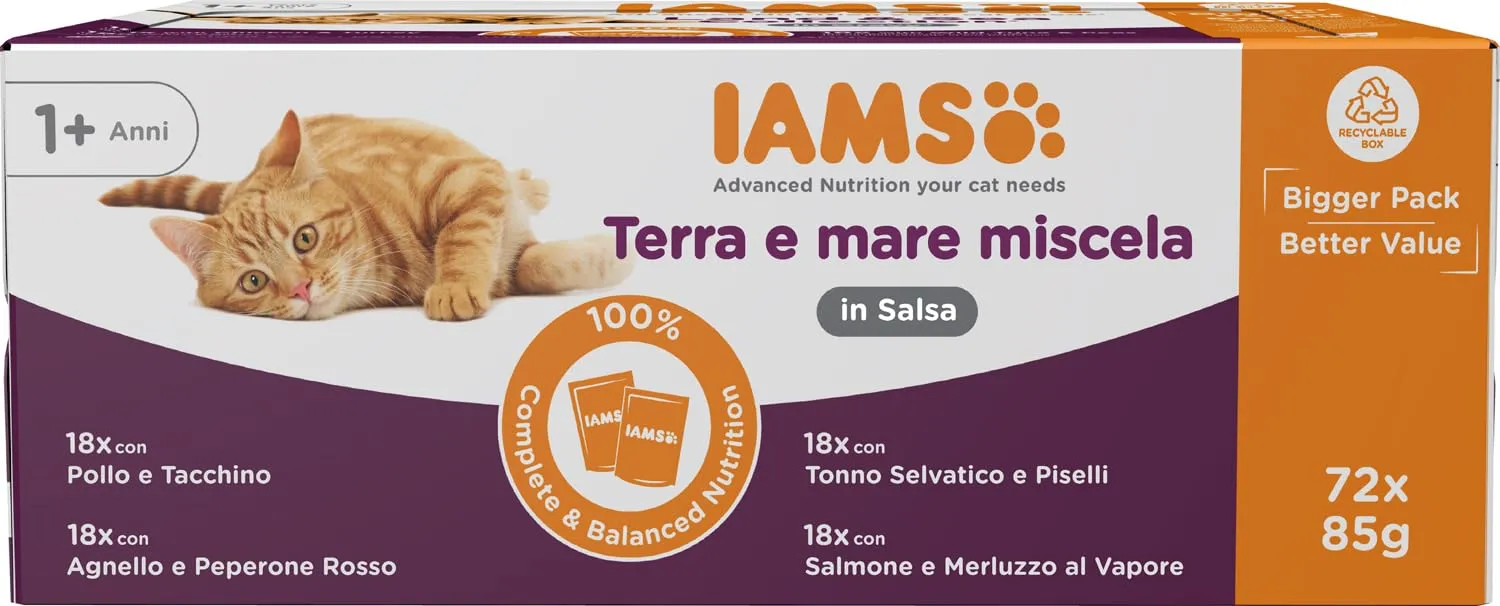 IAMS Delights Land & Sea - Cibo umido per gatti in salsa, 72 x 85 g - immagine 1