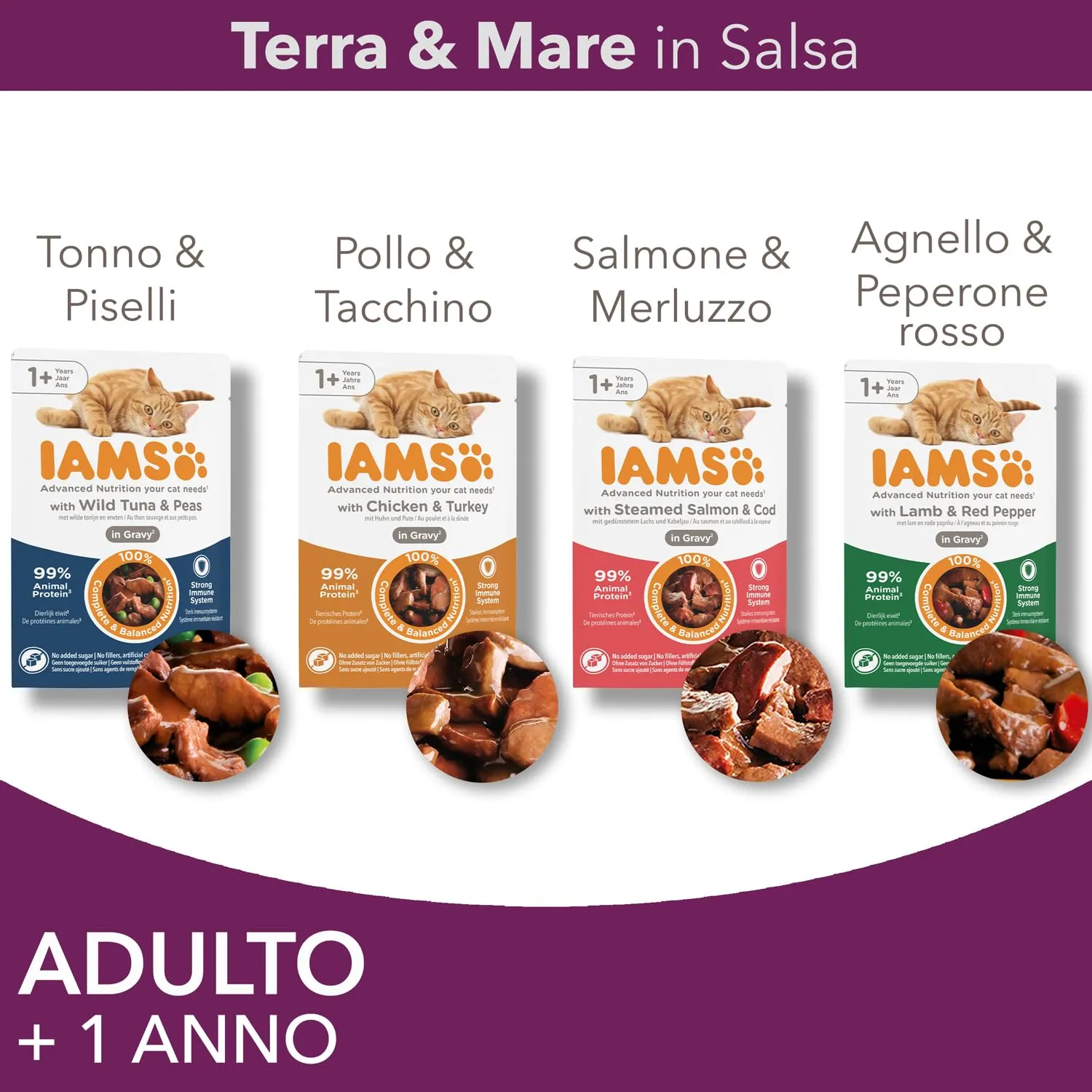 IAMS Delights Land & Sea - Cibo umido per gatti in salsa, 72 x 85 g - immagine 3