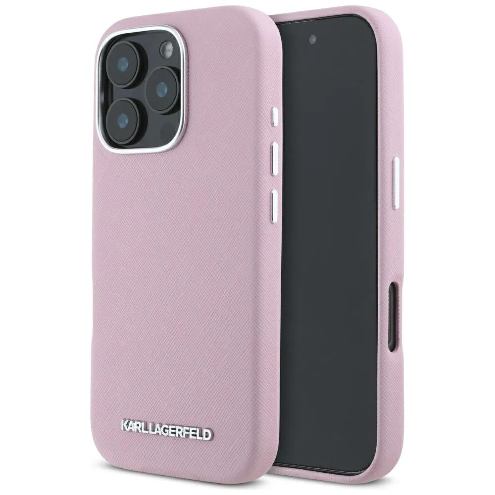 Custodia MagSafe per Apple iPhone 16 Pro, Karl Lagerfeld, Saffiano Full Wrapped Elongated Metal Logo, Rosa - immagine 1