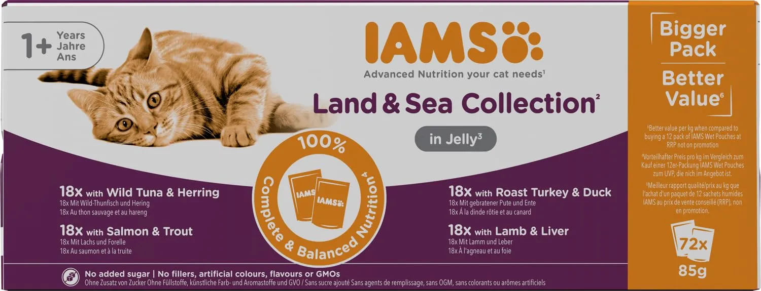 IAMS Delights Land & Sea - Cibo umido per gatti in gelatina, 72 x 85 g - immagine 9