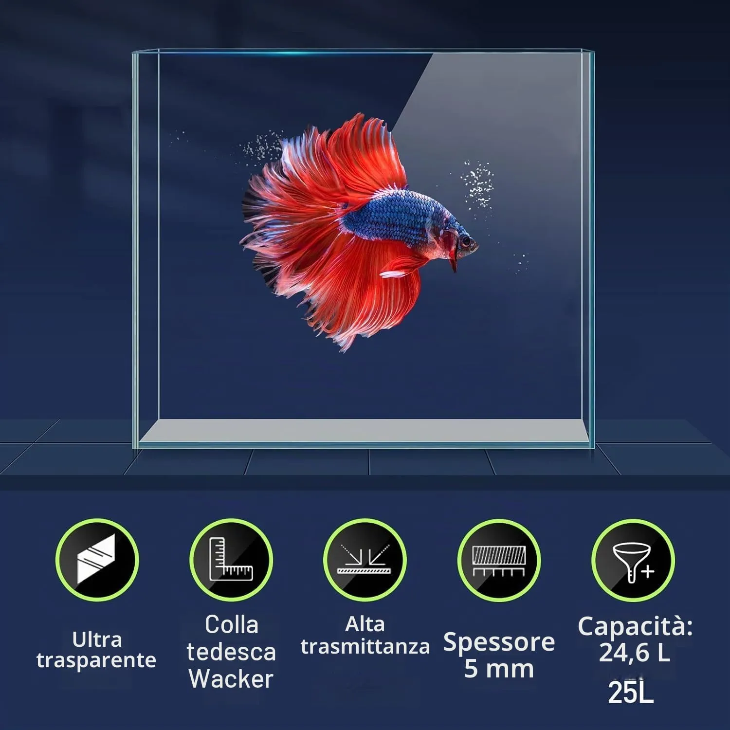 LAQUAL Vasca per Pesci in Vetro Ultra Trasparente da 25L, Acquario Senza Cornice in Vetro a Basso Contenuto di Ferro per Betta/Nano/Pesce Rosso/Lumache/Gambero, Set Vasca & Coperchio - immagine 2