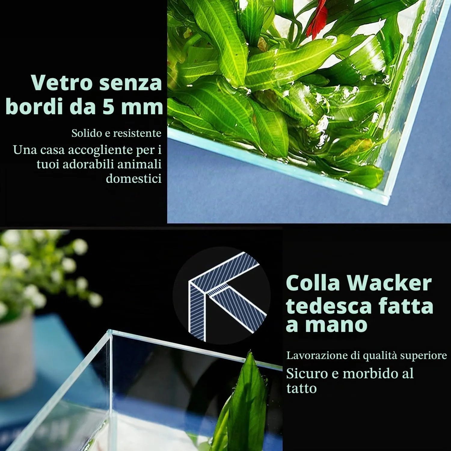 LAQUAL Vasca per Pesci in Vetro Ultra Trasparente da 25L, Acquario Senza Cornice in Vetro a Basso Contenuto di Ferro per Betta/Nano/Pesce Rosso/Lumache/Gambero, Set Vasca & Coperchio - immagine 4