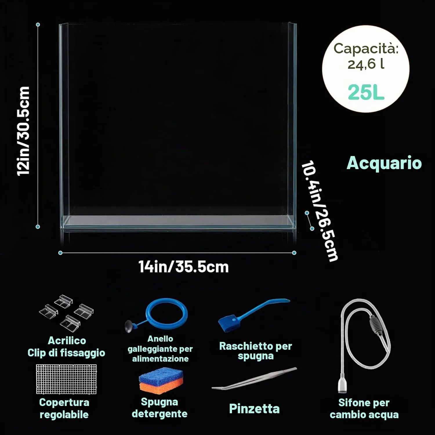 LAQUAL Vasca per Pesci in Vetro Ultra Trasparente da 25L, Acquario Senza Cornice in Vetro a Basso Contenuto di Ferro per Betta/Nano/Pesce Rosso/Lumache/Gambero, Set Vasca & Coperchio - immagine 5