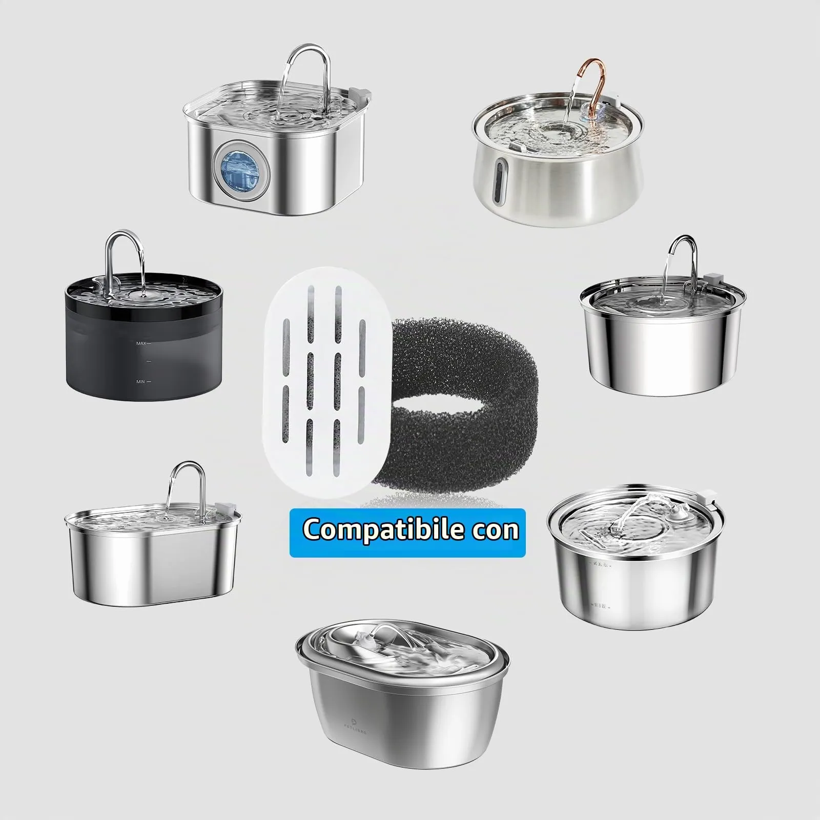 Filtri di ricambio per fontana d'acqua per gatti, confezione da 24 per fontane in acciaio inox (12 filtri e 12 spugne) - immagine 2