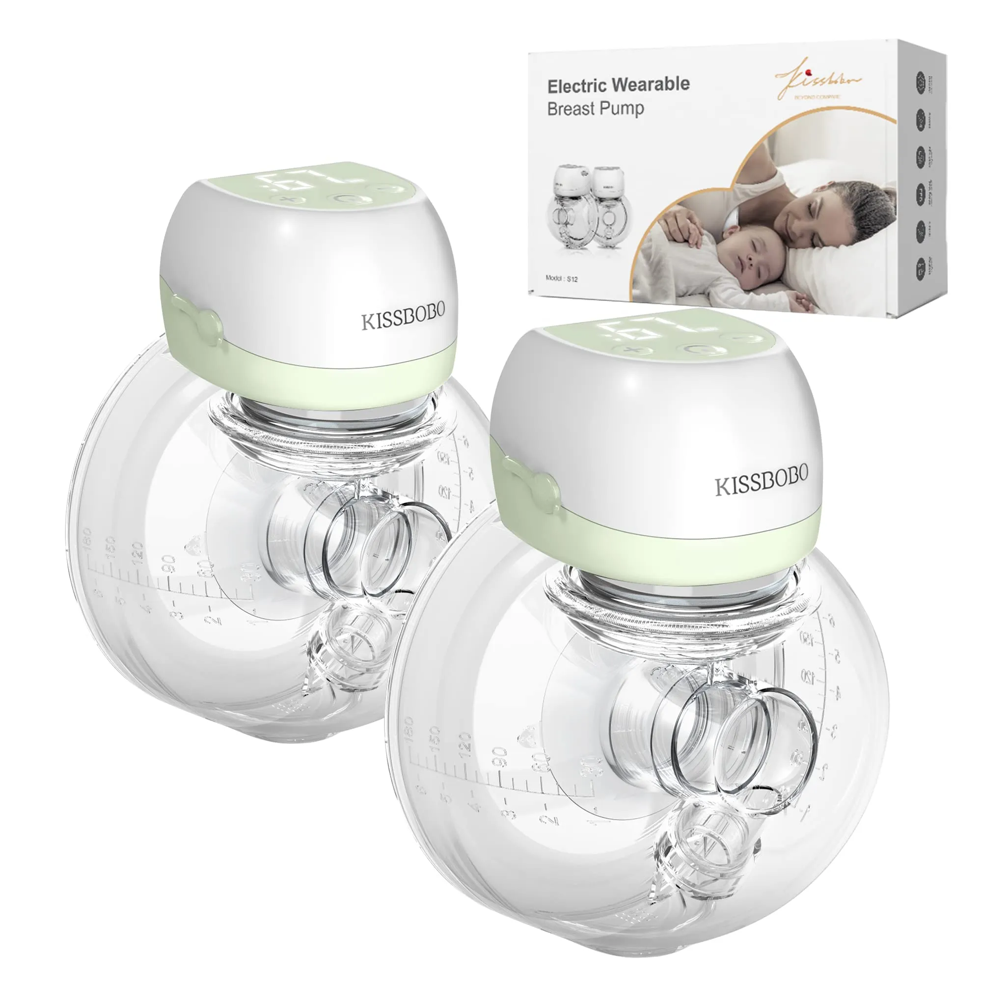 Tiralatte elettrico, doppia mani libere, 2 modalità e 9 livelli con schermo LCD, pompaggio forte, latte a prova di perdite, con flange da 21 mm/24 mm (verde 2 pezzi) - immagine 1