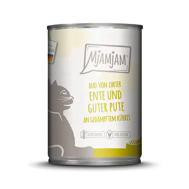 MjAMjAM - Cibo umido premium per gatti - DUO di anatra tenera e buon tacchino su zucca al vapore, confezione da 6 (6 x 400 g), senza cereali con carne extra - immagine 4
