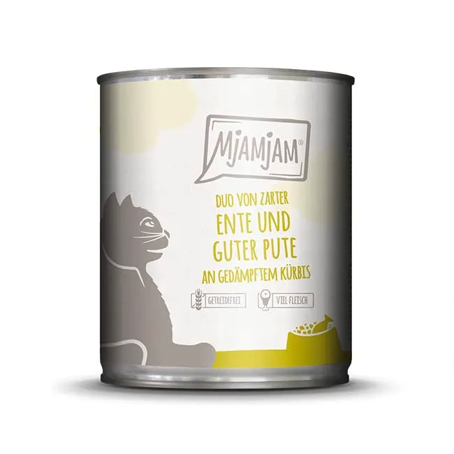 MjAMjAM - Cibo umido Premium per gatti - DUO di anatra tenera e buon tacchino su zucca al vapore, confezione da 6 (6 x 800 g), senza cereali con carne extra - immagine 4