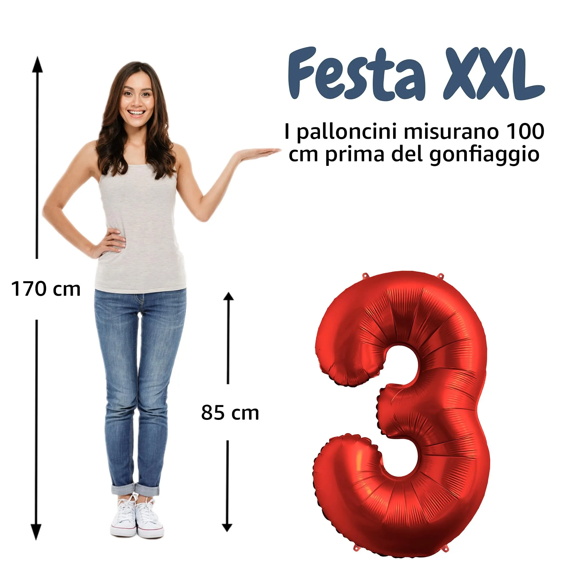 FUNFEST Palloncino Numero 3 Rosso Cromo 100cm - immagine 2