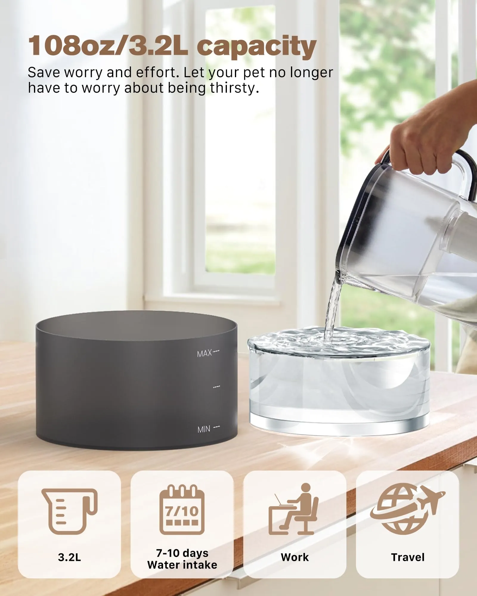 BEMOONY Fontanella per Gatti, 6 Pezzi Filtro + 3 Pezzi di Spugna, 3.2L Fontana per Gatti, Fontanella per Cani Pompa Ultra-Silenziosa con Luce Led, Filtraggio Profondo, Serbatoio Dell'Acqua Traslucido - immagine 6