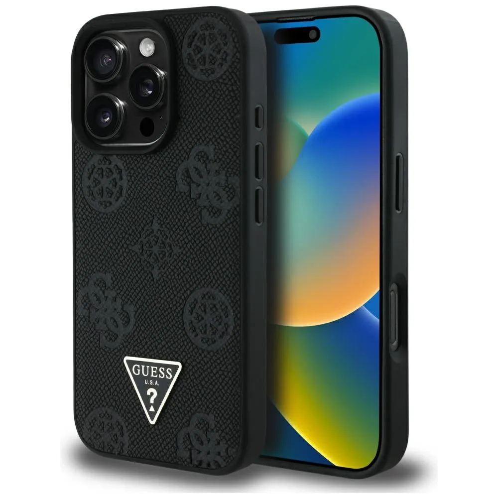 Custodia MagSafe per Apple iPhone 16 Pro, Guess, Peony Grained Hot Stamp Triangle, Nera - immagine 1