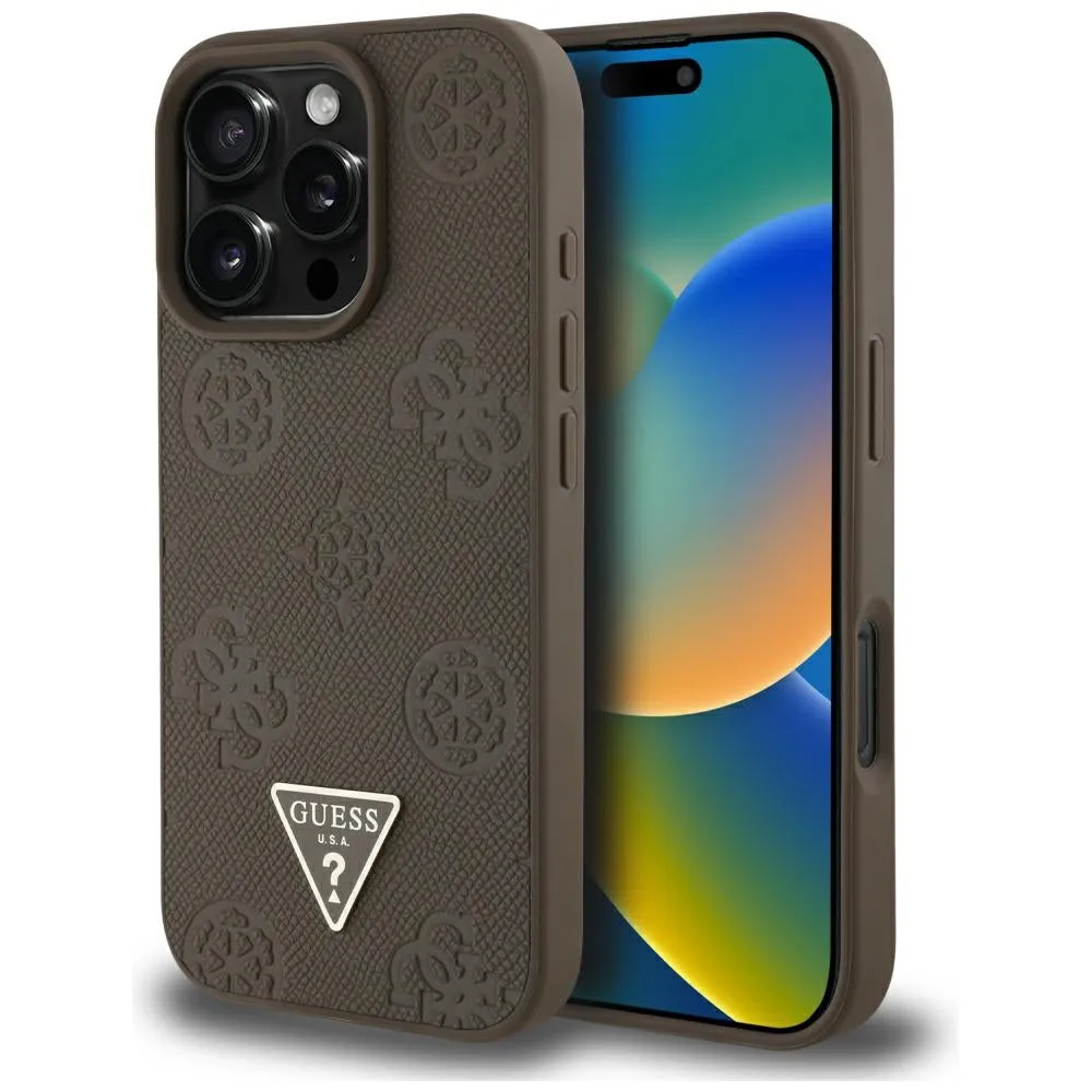 Custodia MagSafe per Apple iPhone 16 Pro, Guess, Peony Grained Hot Stamp Triangle, Marrone - immagine 1