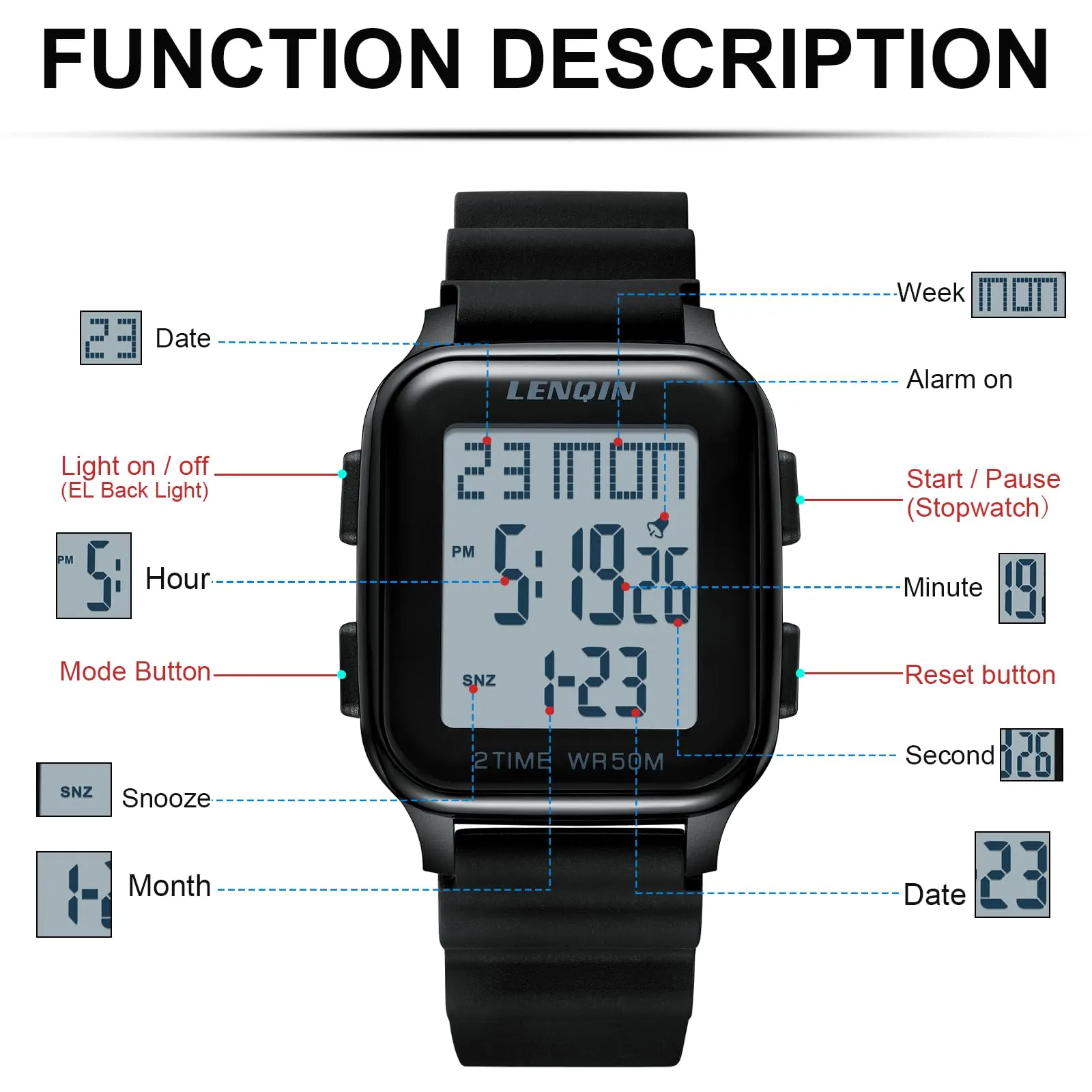 LN LENQIN Orologio Uomo Digitale Impermeabile Sportivo LED Cronometro - immagine 6