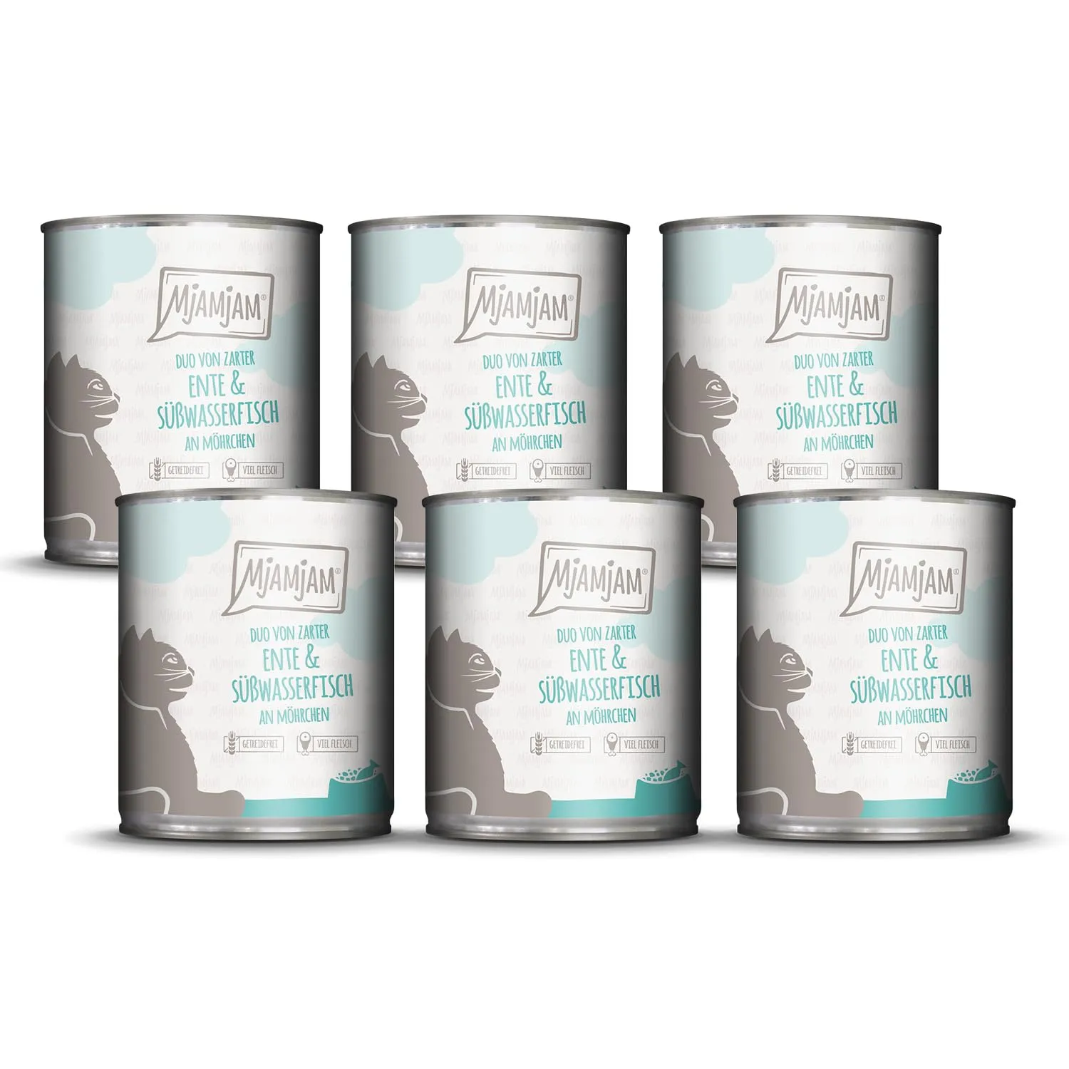 MjAMjAM - Cibo umido premium per gatti - DUO di anatra tenera e pesce d'acqua dolce con carote, confezione da 6 6 x 800g, senza cereali con carne extra, Anatra + pesce, Confezione da 6 (6 x 800 g) - immagine 1