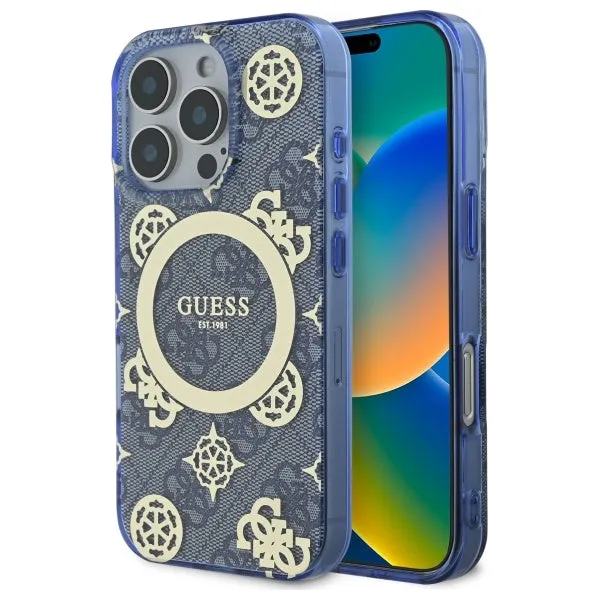 Custodia MagSafe per Apple iPhone 16 Pro, Guess, IML Peony su sfondo 4G, Blu - immagine 1