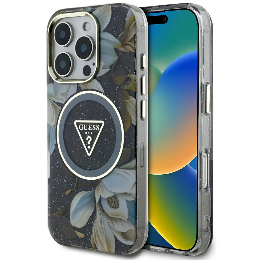 Custodia MagSafe per Apple iPhone 16 Pro, Guess, IML Metal Glitter Flowers Triangle, Nera - immagine 1