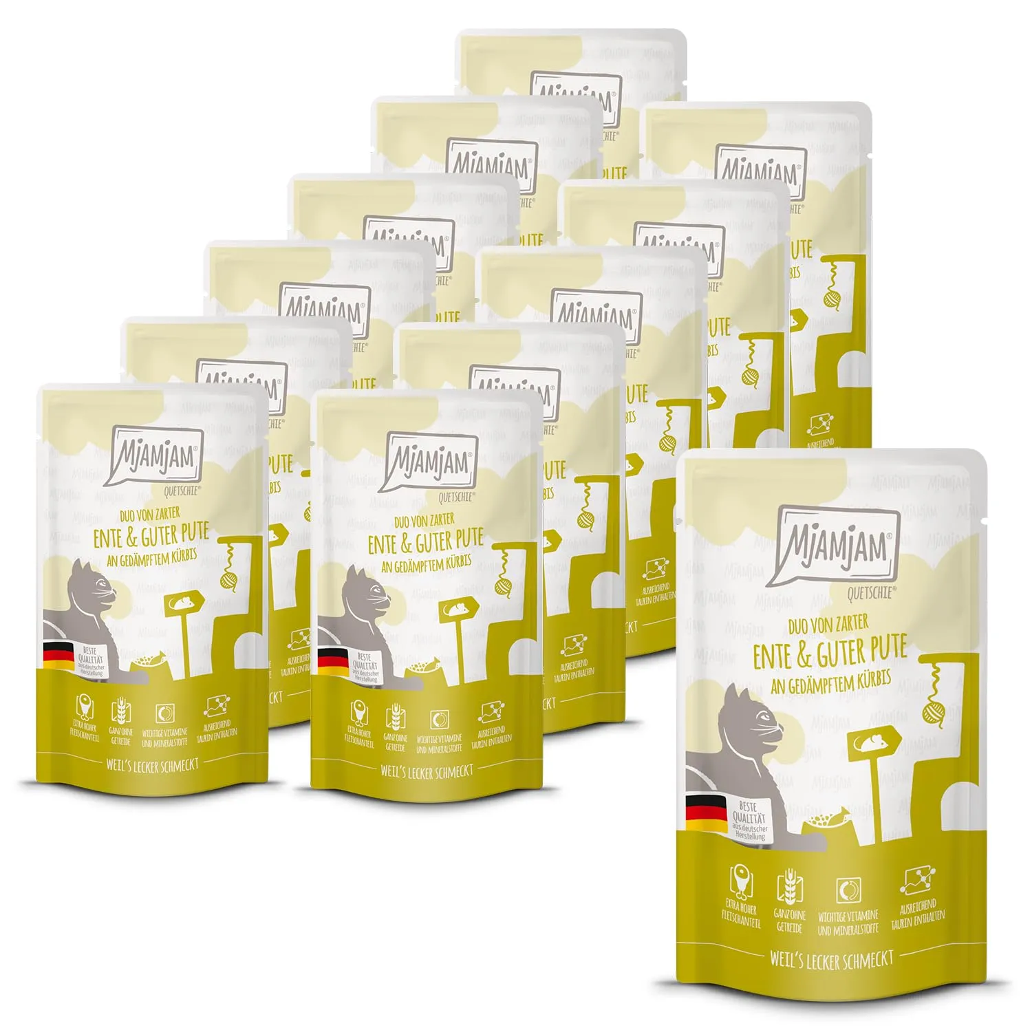 MjAMjAM - Cibo umido premium per gatti - Quetschie - DUO a base di tenera anatra e squisito tacchino con zucca cotta a vapore, confezione da 12 (12 x 125g), senza cereali con carne extra - immagine 1