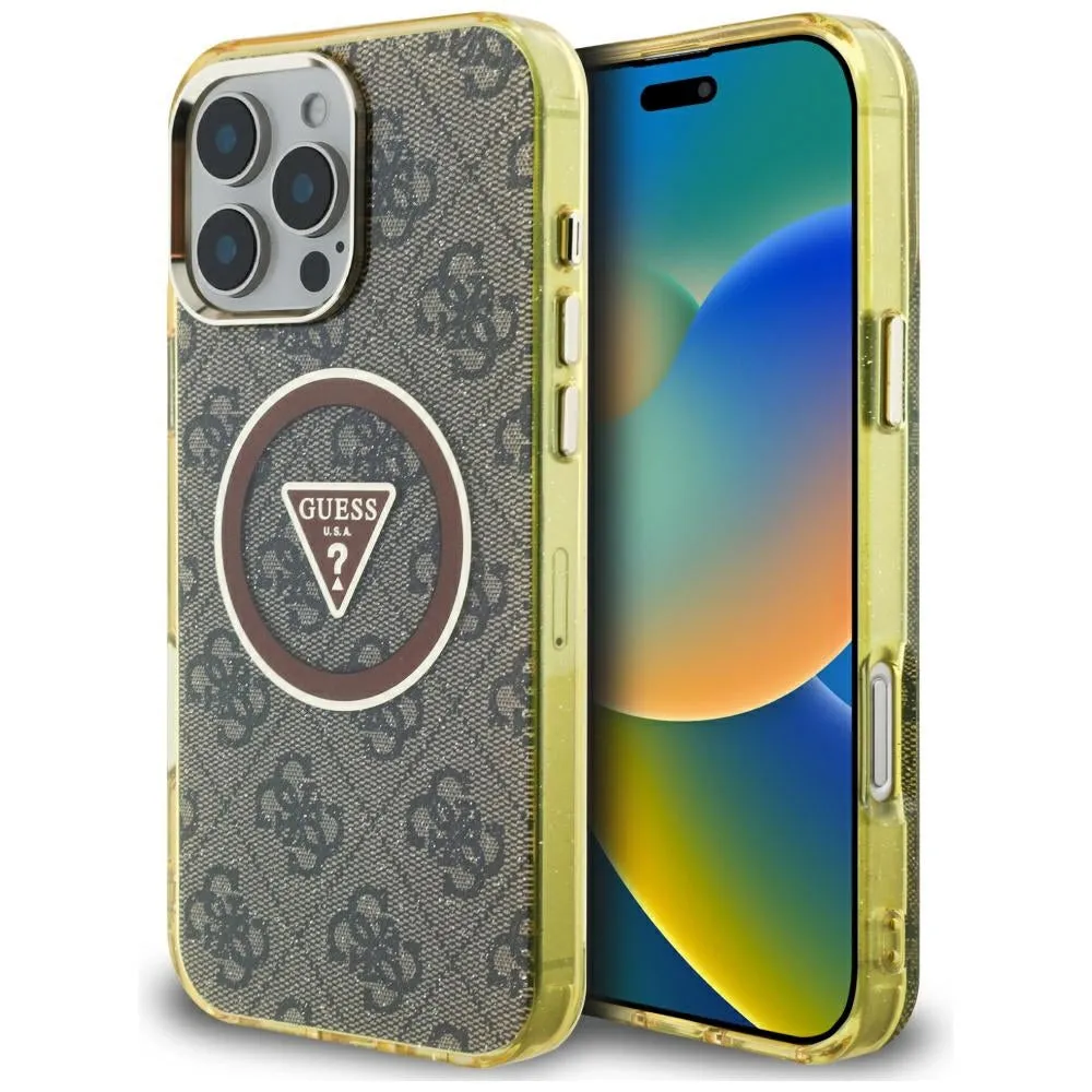 Custodia MagSafe per Apple iPhone 16 Pro, Guess, IML Glitter 4G Circle Triangle, Marrone - immagine 1