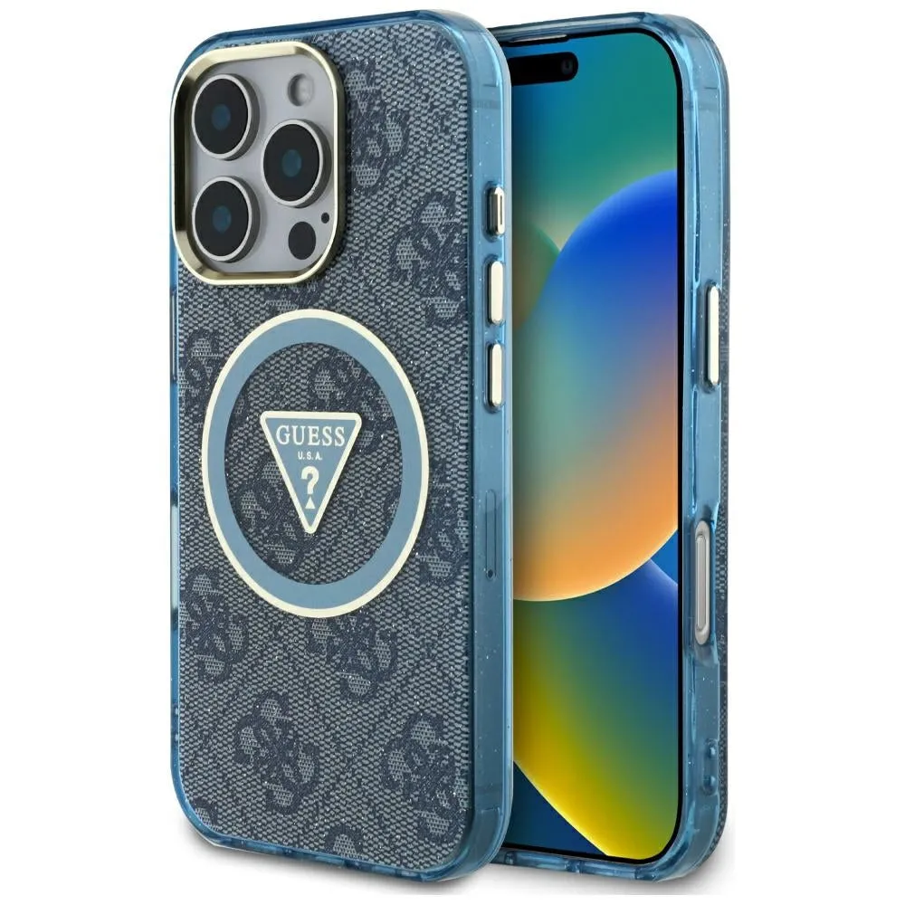 Custodia MagSafe per Apple iPhone 16 Pro, Guess, IML Glitter 4G Circle Triangle, Blu - immagine 1