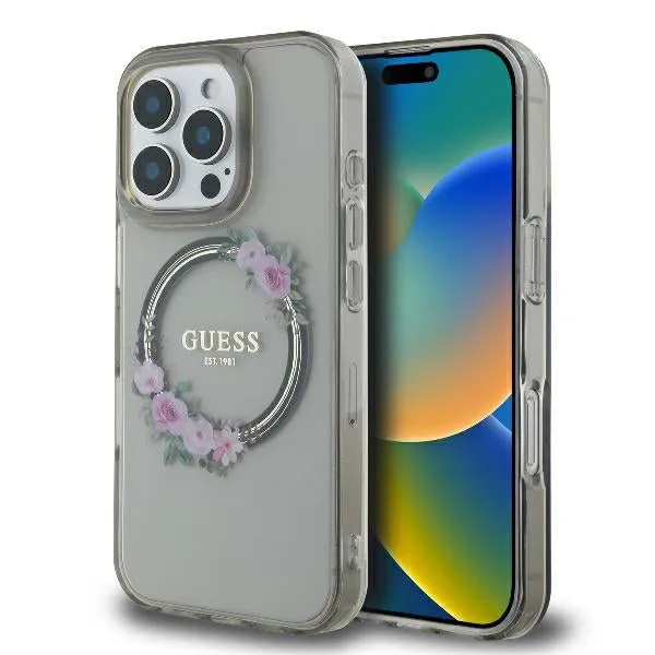 Custodia MagSafe per Apple iPhone 16 Pro, Guess, IML Flowers Wreath, Nera - immagine 1