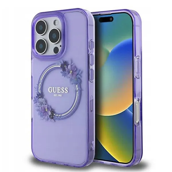 Custodia MagSafe per Apple iPhone 16 Pro, Guess, IML Flowers Wreath, Viola - immagine 1
