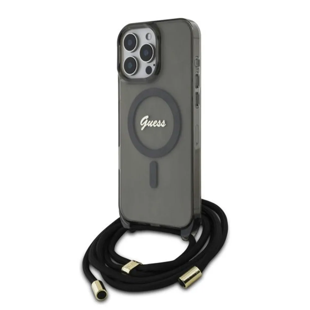 Custodia MagSafe per Apple iPhone 16 Pro, Guess, IML Crossbody Cord Script, Nera - immagine 1