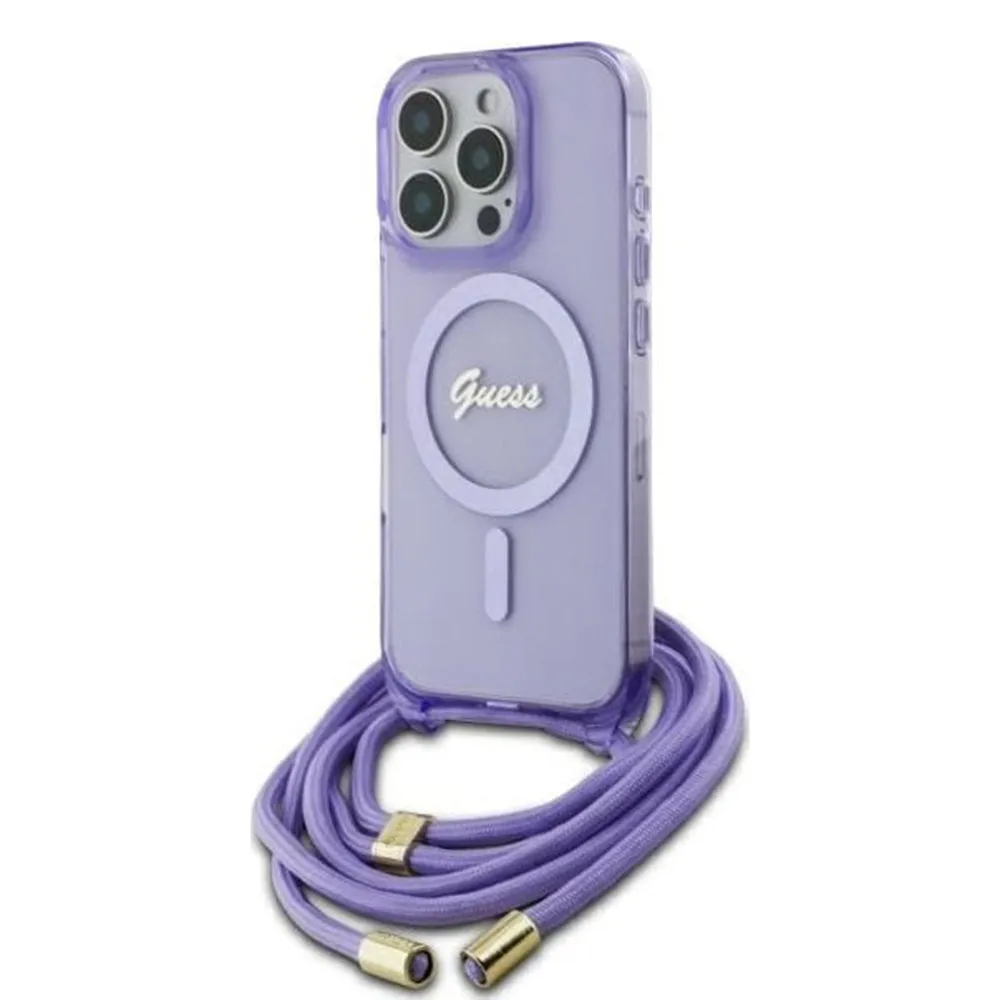 Custodia MagSafe per Apple iPhone 16 Pro, Guess, IML Crossbody Cord Script, Viola - immagine 1
