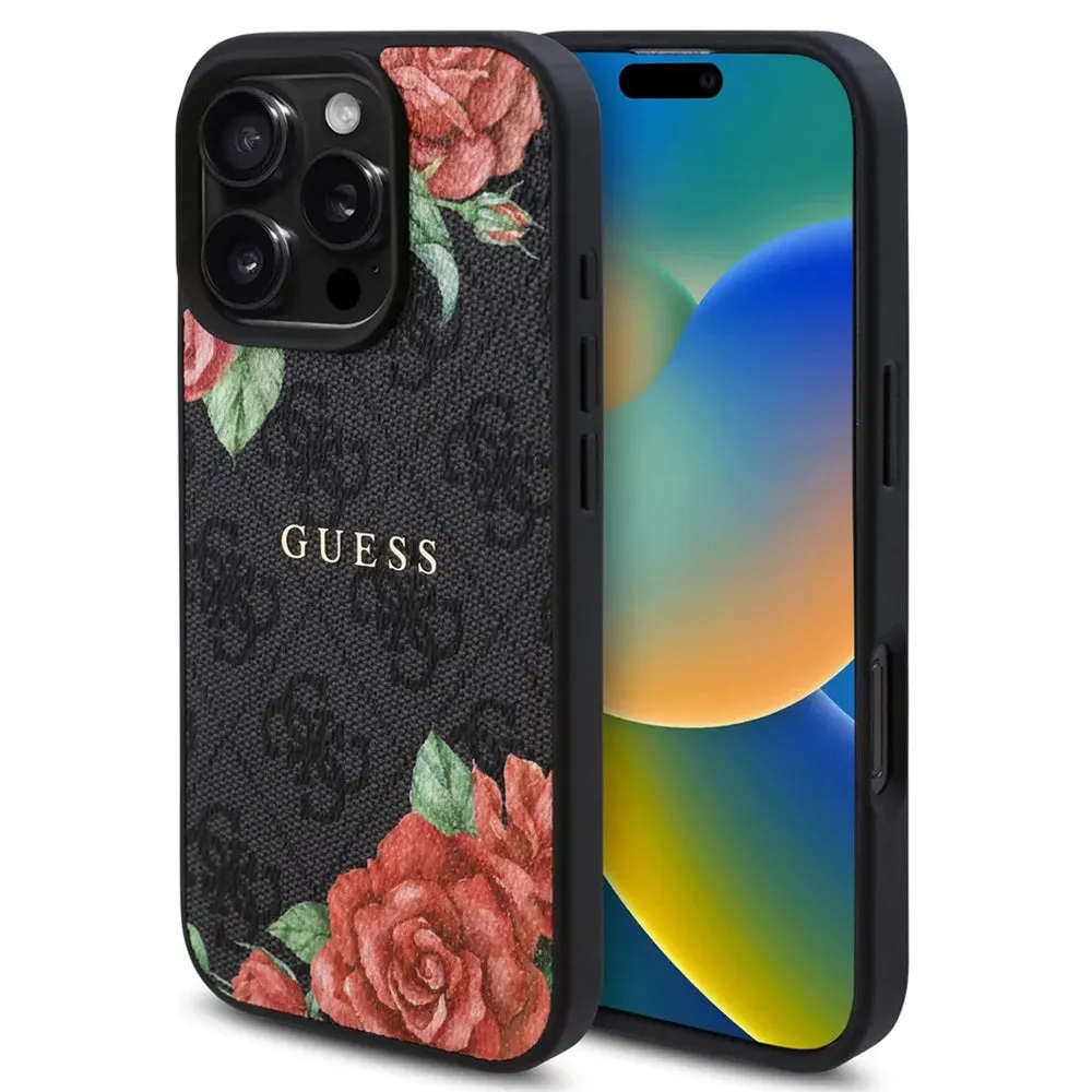 Custodia MagSafe per Apple iPhone 16 Pro, Guess, 4G Flowers Print, Nera - immagine 1