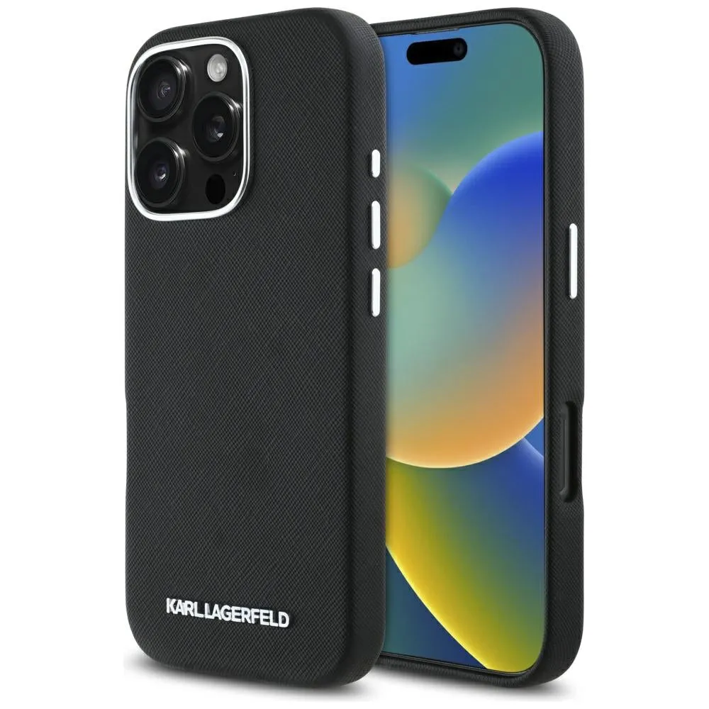Custodia MagSafe per Apple iPhone 16 Pro Max, Karl Lagerfeld, Saffiano Full Wrapped Elongated Metal Logo, Nera - immagine 1