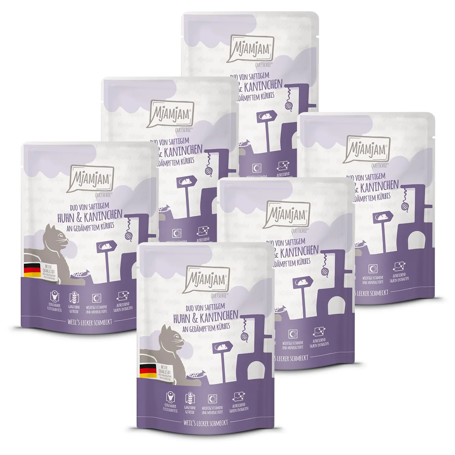 MjAMjAM - Cibo umido premium per gatti - Quetschie - DUO a base di succoso pollo e coniglio con zucca cotta a vapore, confezione da 6 (6 x 300g), senza cereali con carne extra - immagine 1