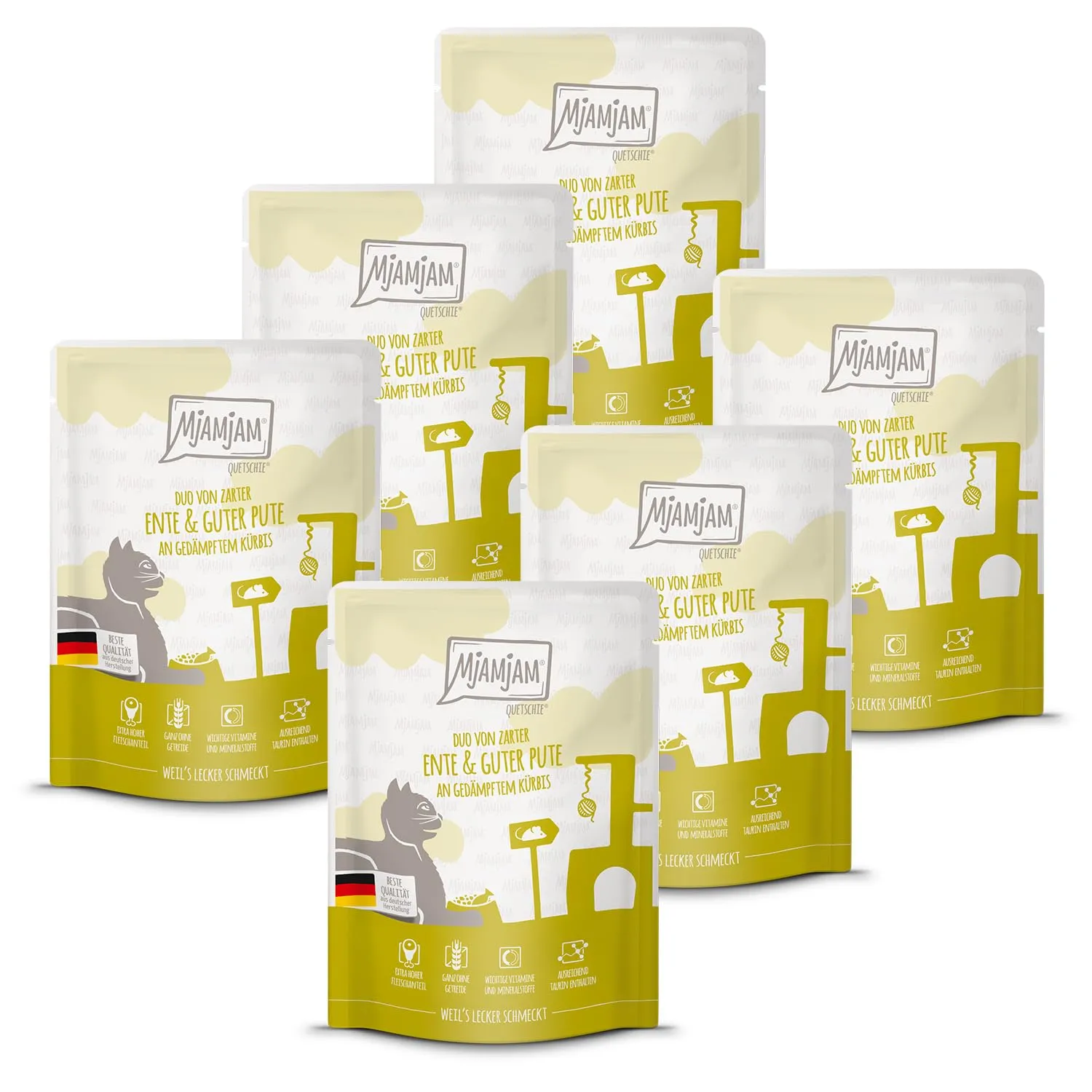MjAMjAM - Cibo umido premium per gatti - Quetschie - DUO a base di tenera anatra e squisito tacchino con zucca cotta a vapore, confezione da 6 (6 x 300g), senza cereali con carne extra - immagine 1