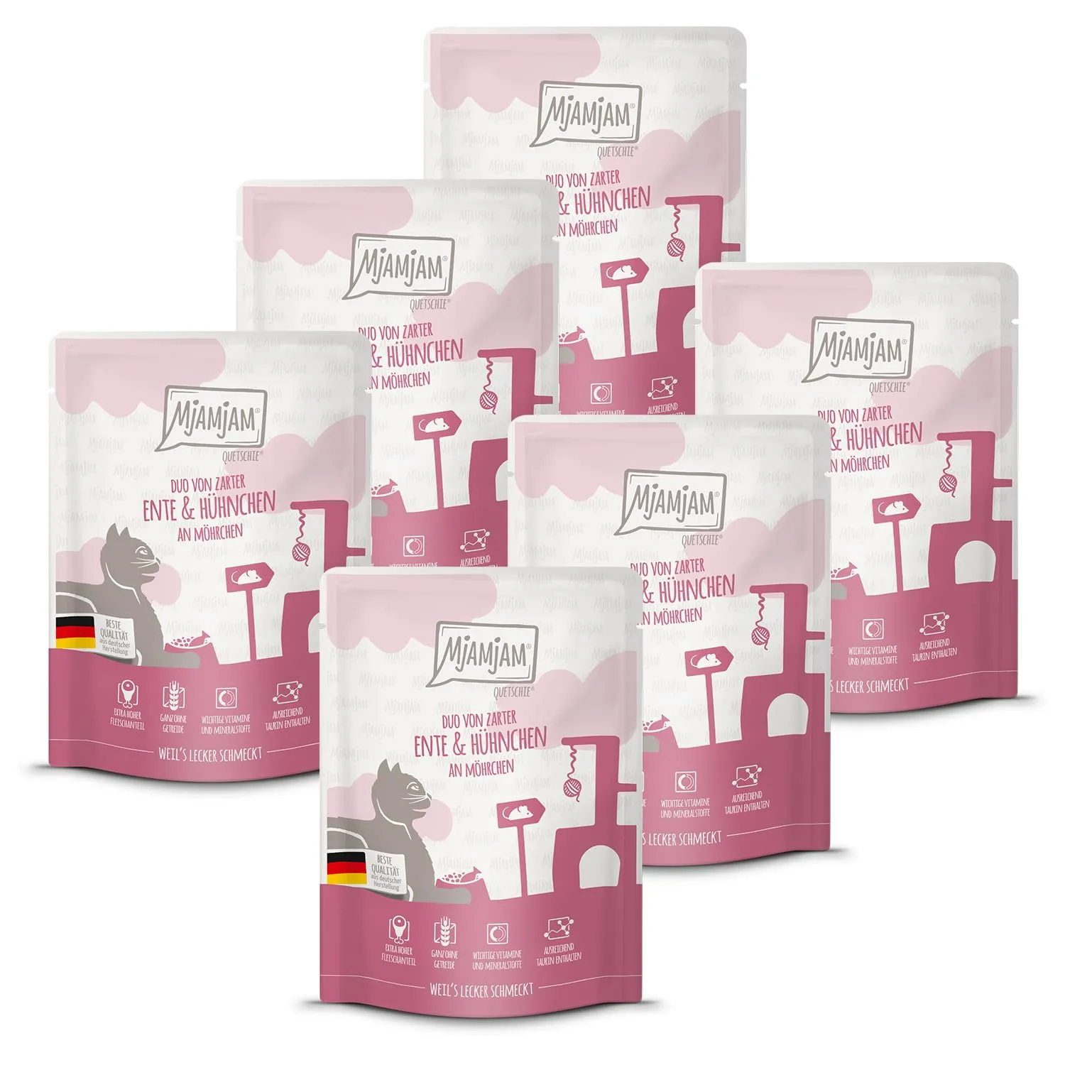 MjAMjAM - Cibo umido premium per gatti - Quetschie - DUO a base di tenera anatra e succoso pollo con carotin, confezione da 6 (6 x 300g), senza cereali con carne extra - immagine 1