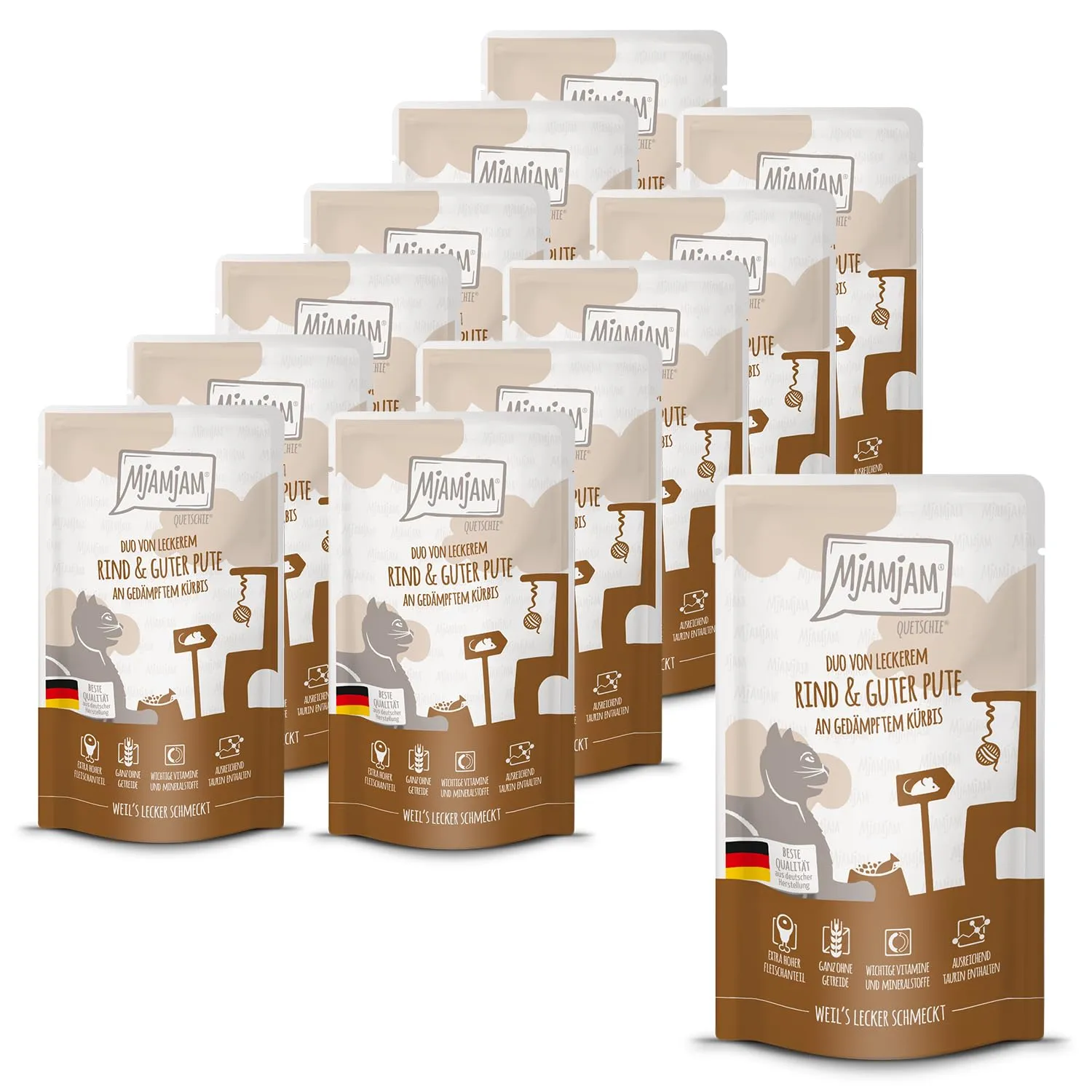 MjAMjAM - Cibo umido premium per gatti - Quetschie - DUO a base di gustoso manzo e squisito tacchino con zucca cotta a vapore, confezione da 12 (12 x 125g), senza cereali con carne extra - immagine 1