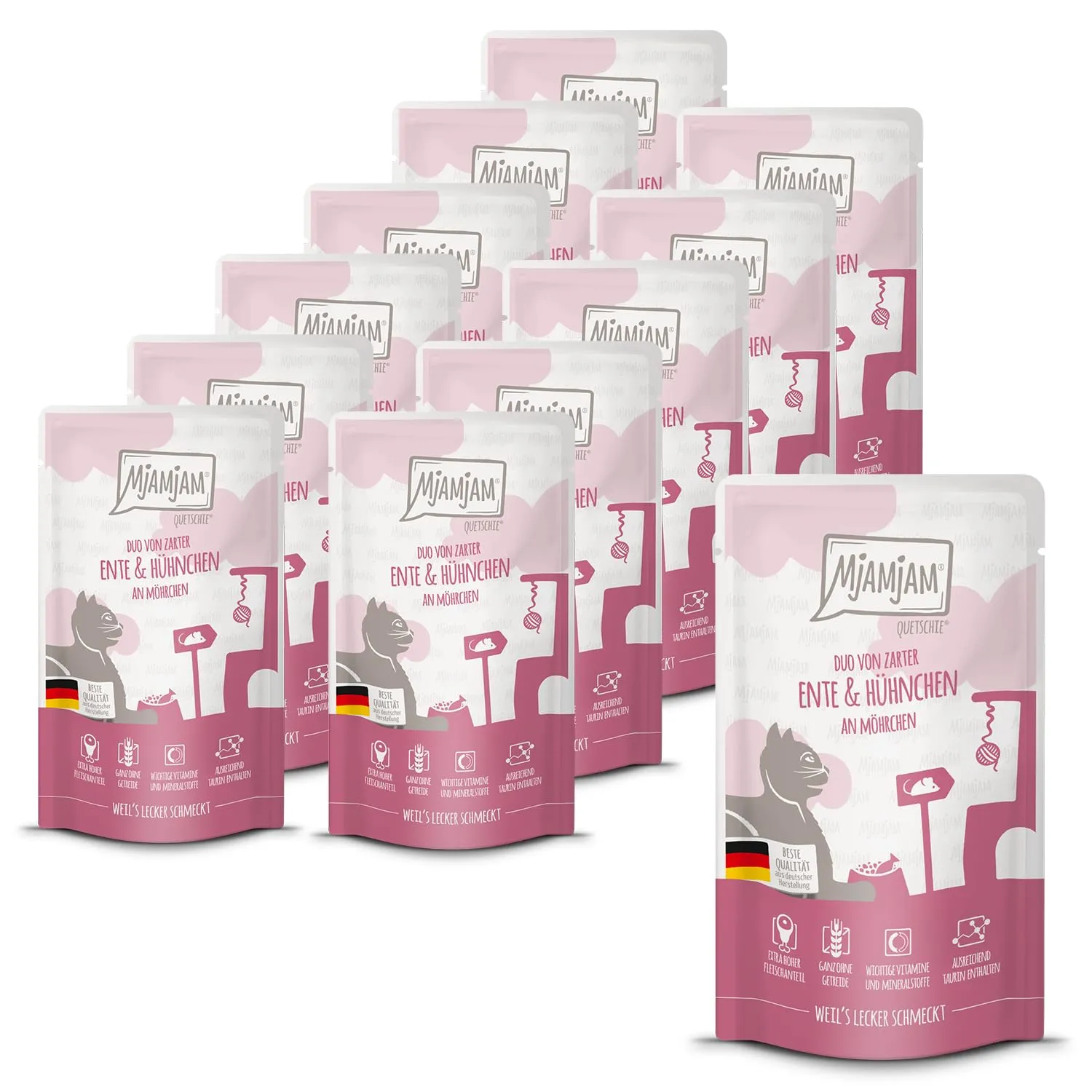 MjAMjAM - Cibo umido premium per gatti - Quetschie - DUO a base di tenera anatra e succoso pollo con carotin, confezione da 12 (12 x 125g), senza cereali con carne extra - immagine 1