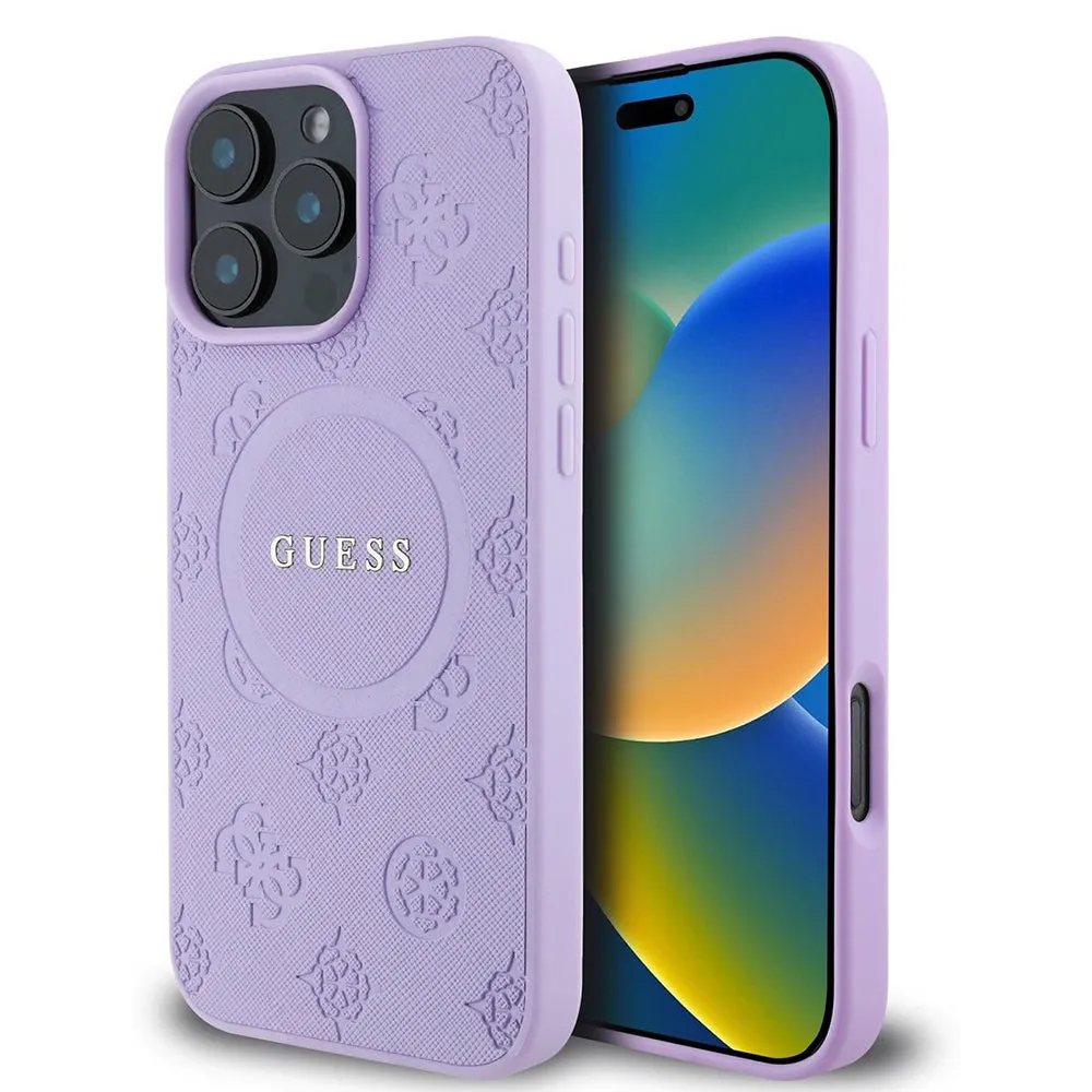 Custodia MagSafe per Apple iPhone 16 Pro Max, Guess, Saffiano Peony Classic Logo, Viola - immagine 1